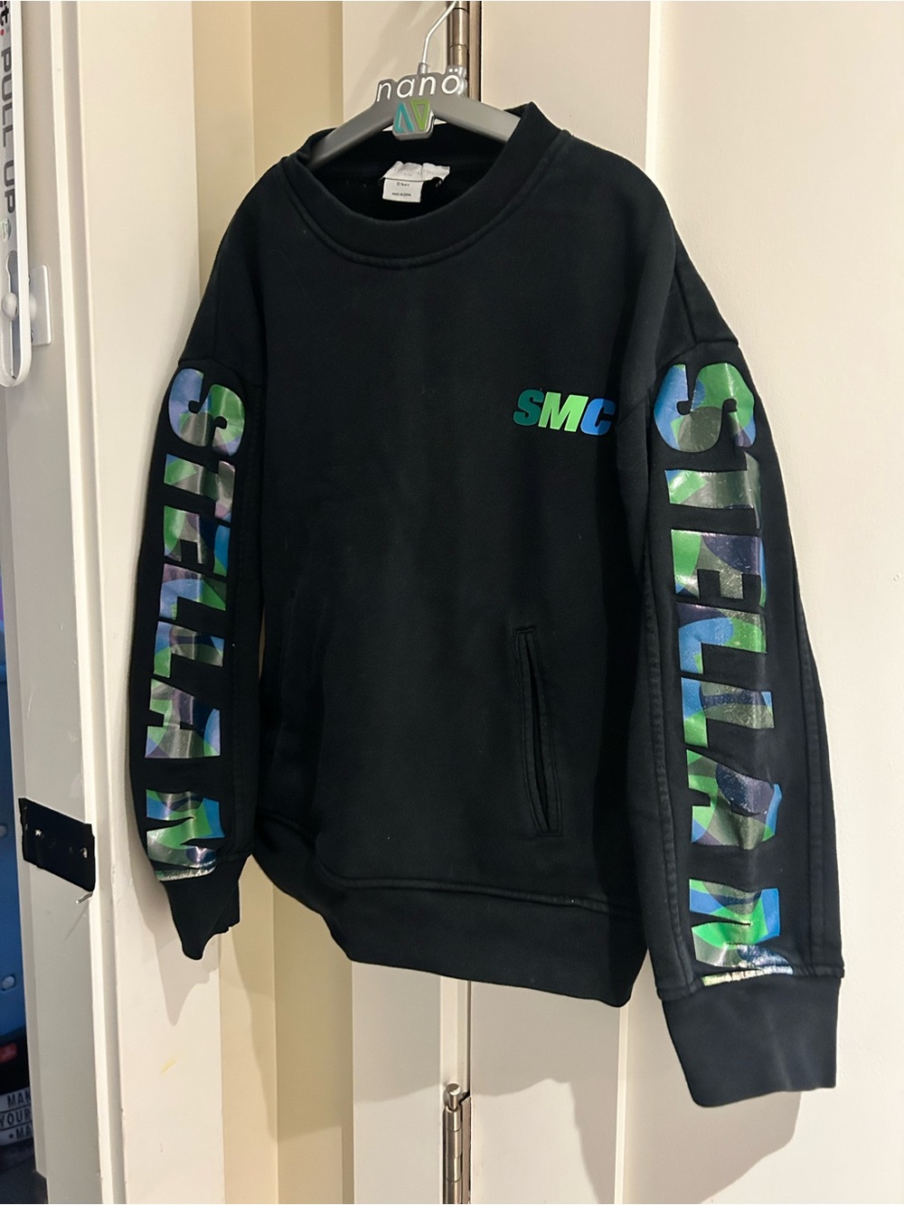 Stella McCartney Black Crewneck with Green and Blue Sleeve Logos 10 Boys